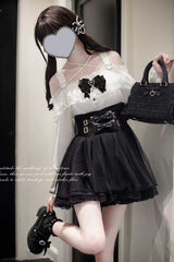 Black Solid Color Bowknot Sweet Jirai Kei Japanese Skirt - Product - 2