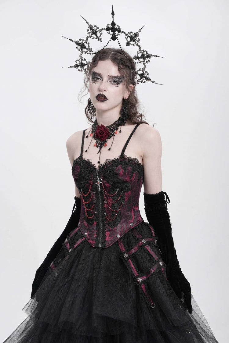 Red Sleeveless Embroidery Lace Chain Women's Gothic Vest - Product - 2