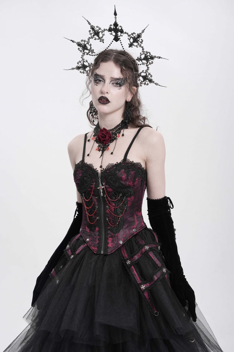 Red Sleeveless Embroidery Lace Chain Women's Gothic Vest - Product - 2