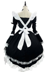 Black/White Maid Long Hime Sleeves Ruffle Bowknot Sweet Plus Size Lolita Dress Full Set - Product - 6