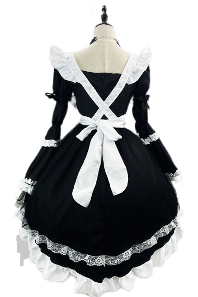 Black/White Maid Long Hime Sleeves Ruffle Bowknot Sweet Plus Size Lolita Dress Full Set - Product - 6