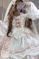White [Pure Love Story] Hanayome Bowknot Stitching Ji Sleeves Sweet Lolita Dress - Product - 4