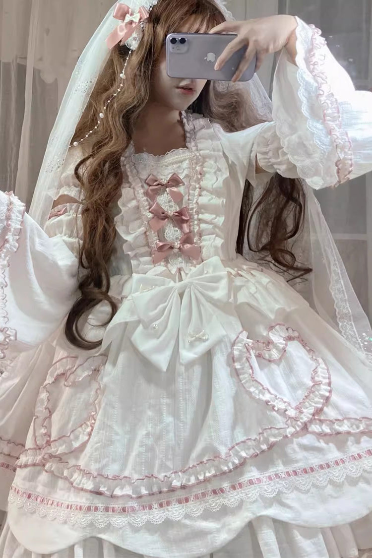 White [Pure Love Story] Hanayome Bowknot Stitching Ji Sleeves Sweet Lolita Dress - Product - 4