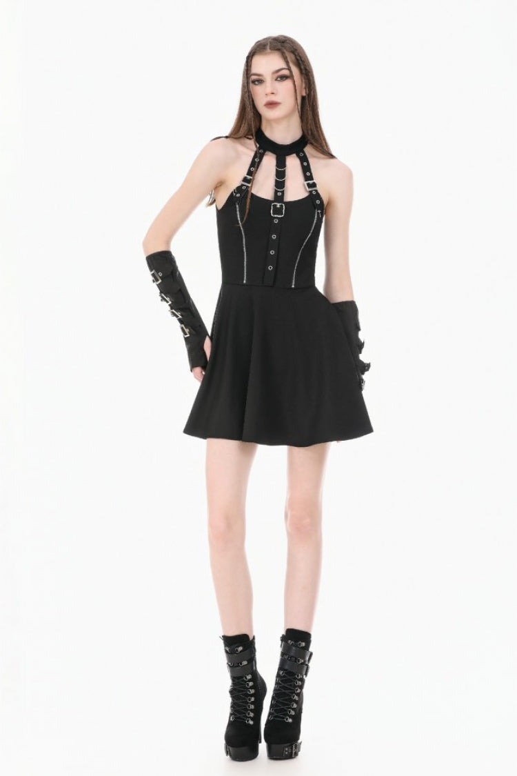 Black Buckled Zippered Women's Punk Halterneck Dress - Product - 11