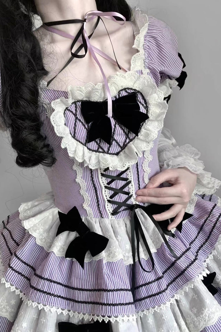 Triple-Layered Short Sleeves Vertical Stripes Print Ruffle Bowknot Lace-Up Sweet Lolita Jsk Dress 2 Colors - Product - 3