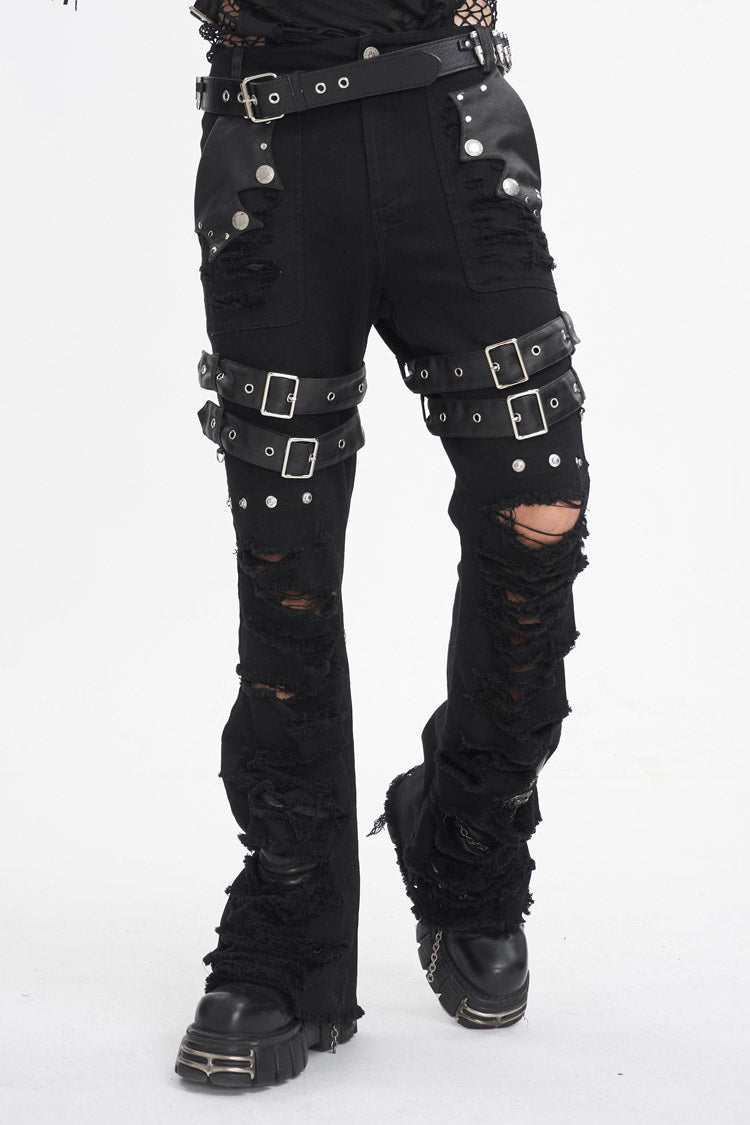 Black High Waisted Ripped Detachable Tassels  Men's Punk Pants - Product - 2