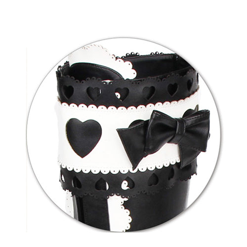 Black White Lace Bowknot Heart Shaped Round Toe Sweet Lolita High Boots - Product - 3