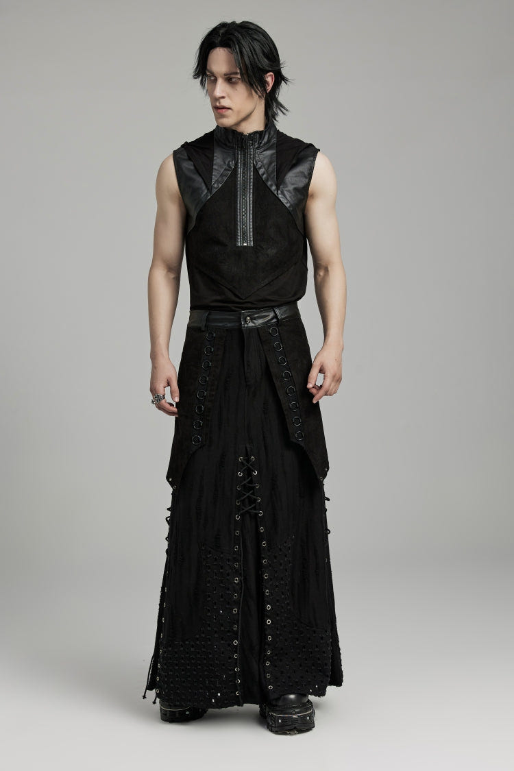 Black Lace-Up Ripped Eyelet Men's Punk Skirt - Product - 4