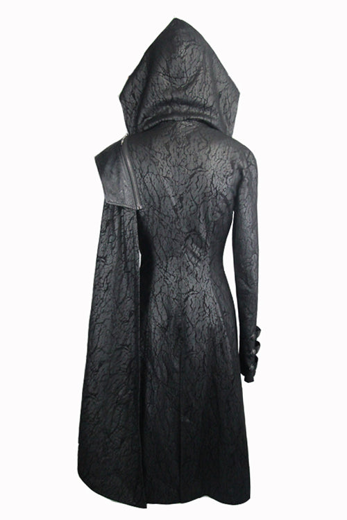 Black Punk Hooded One Side Shawl Gothic Pattern Womens Leather Long Coat - Product - 7
