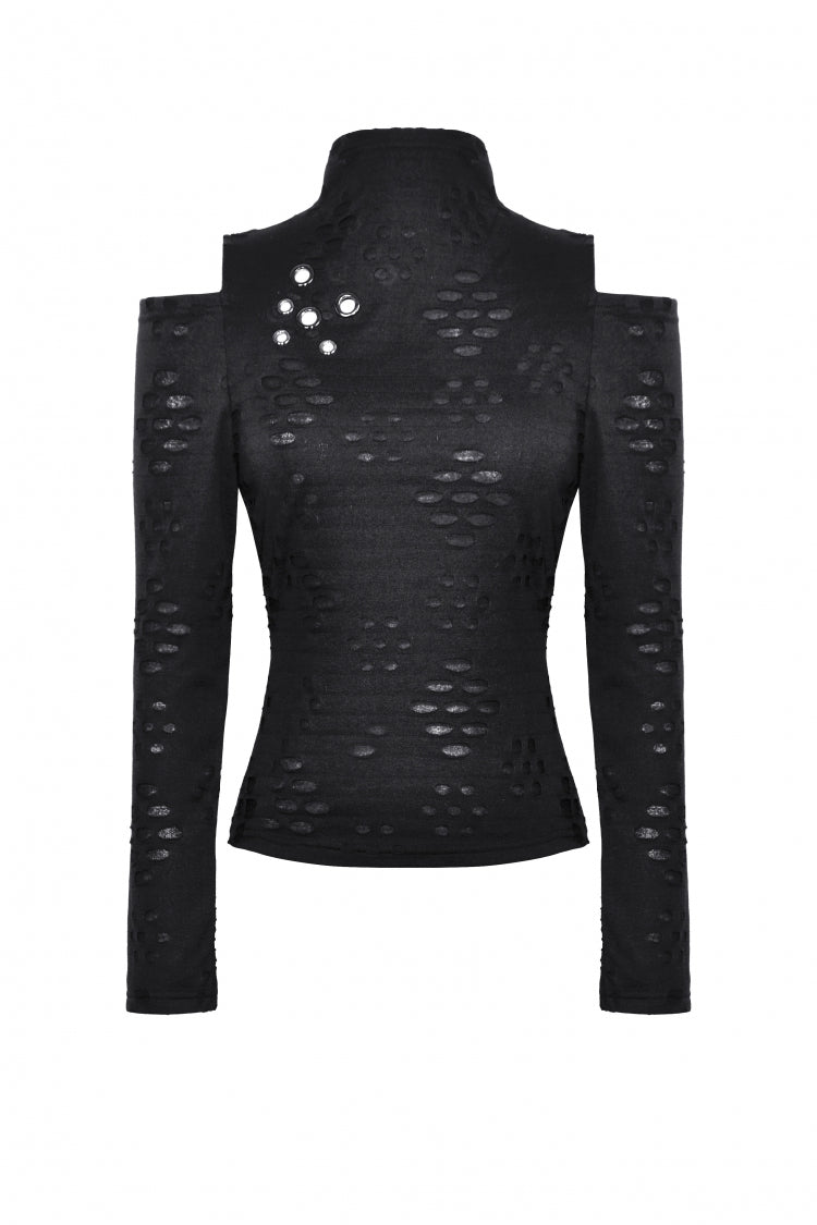 Black Long Sleeves Cut-Out Ripped Zippered Eyelets Women's Punk Distressed Top - Product - 3