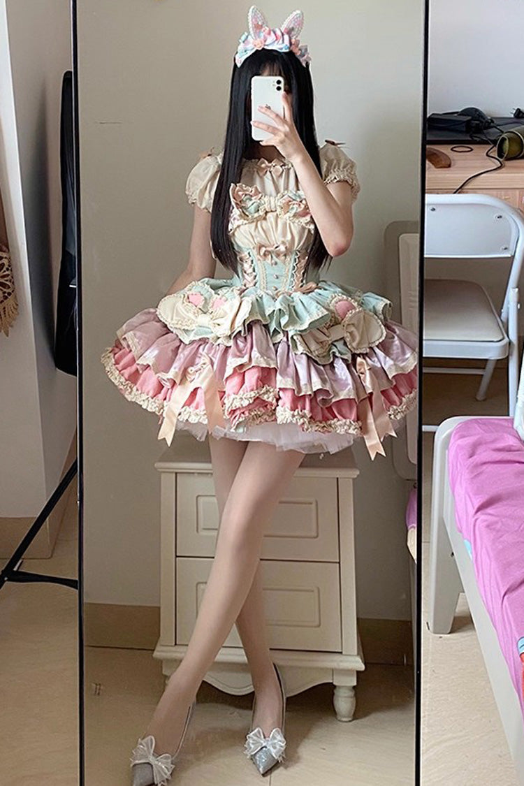 [Ribbon Dance] Multi-Layered Ruffle Bowknot Lace-Up Sweet Princess Lolita Dress 3 Colors - Product - 18
