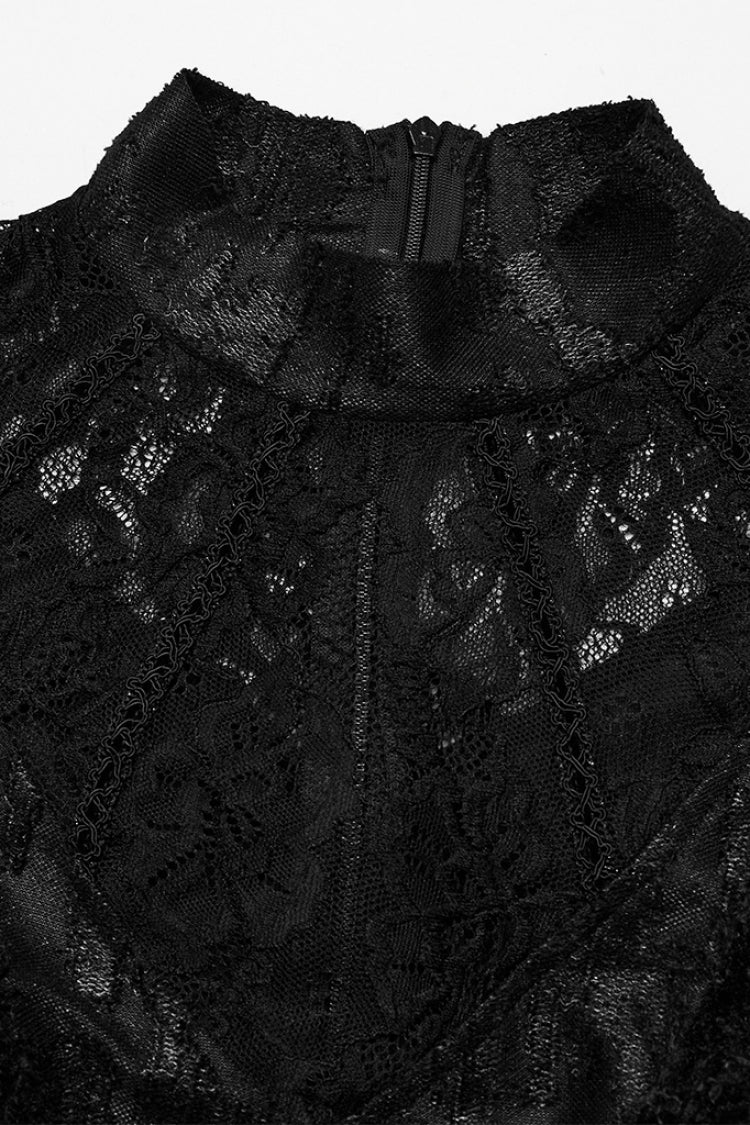 Black Long Trumpet Sleeves Hollow Stitching Lace Mesh Women's Gothic Dress - Product - 6
