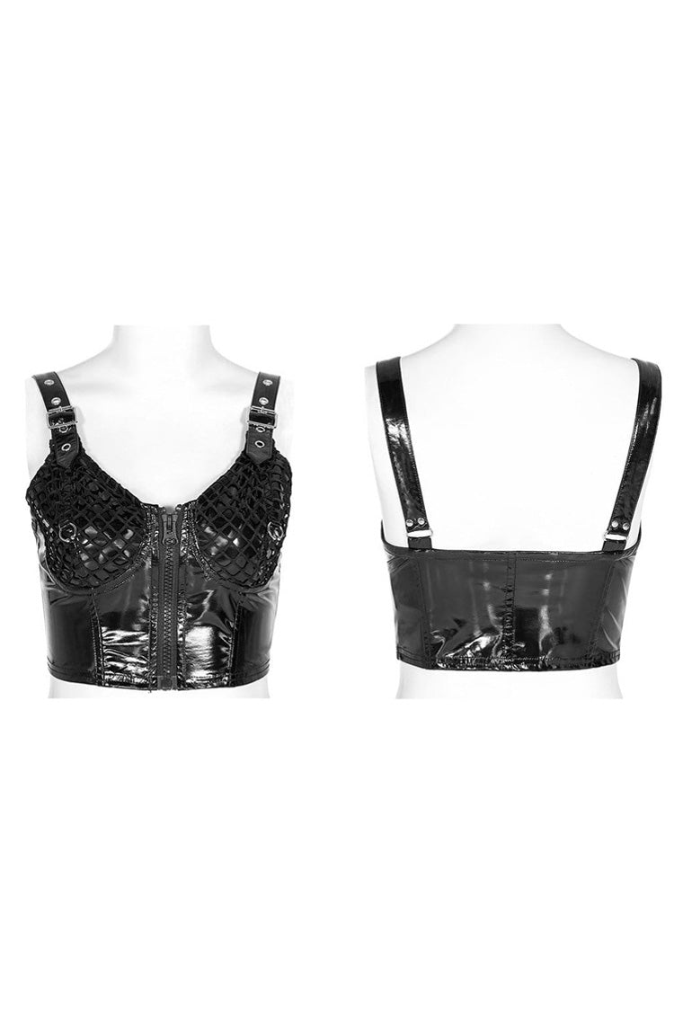Black Knit Metal Buckle Shoulder Strap Splice Mesh Press Glue Women's Punk Vest - Product - 4