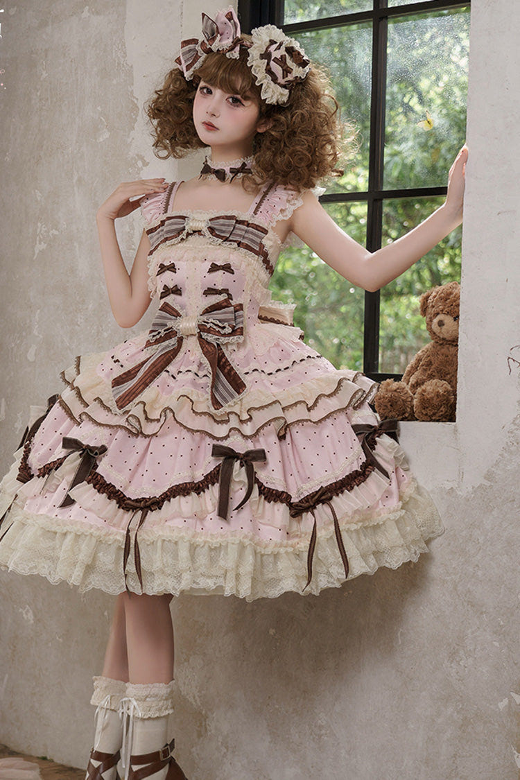 Pink [Shengqiao Tata] Sleeveless Print Ruffle Bowknot Lace-Up Sweet Elegant Lolita Jsk Dress - Product - 9