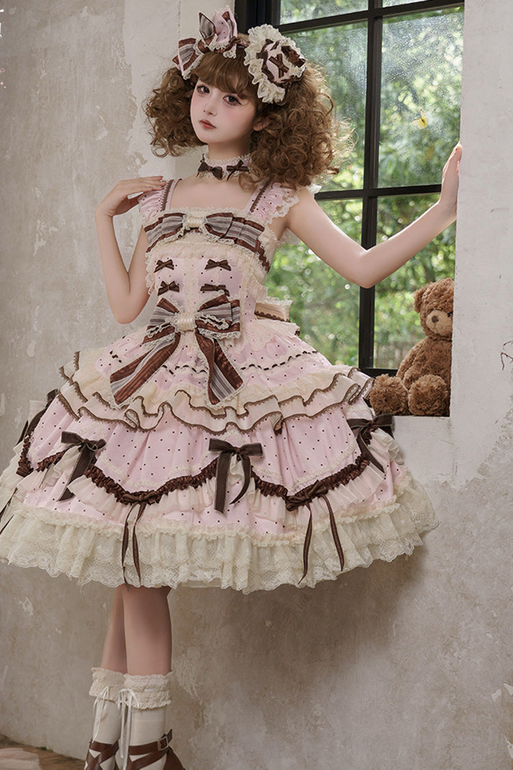Pink [Shengqiao Tata] Sleeveless Print Ruffle Bowknot Lace-Up Sweet Elegant Lolita Jsk Dress - Product - 9
