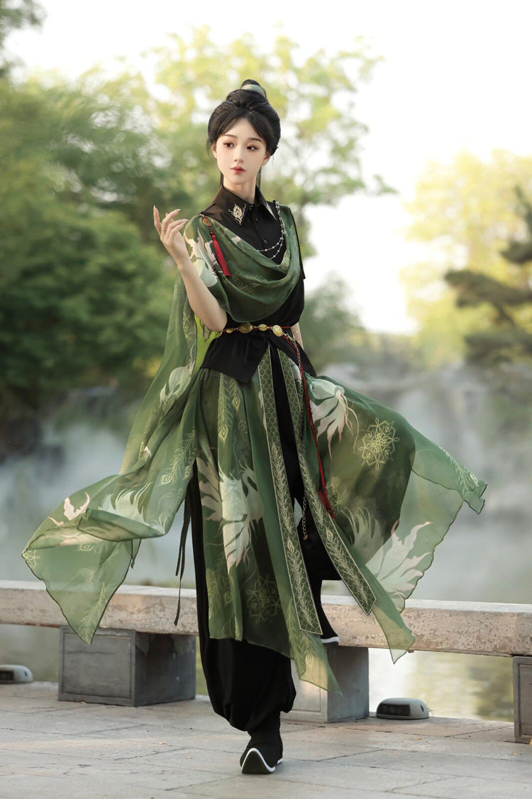 Black/Green Lapel Collar Short Sleeves Embroidered Sweet Chinese Inspired Wuxia Style Ouji Hanfu Pants Set - Product - 3