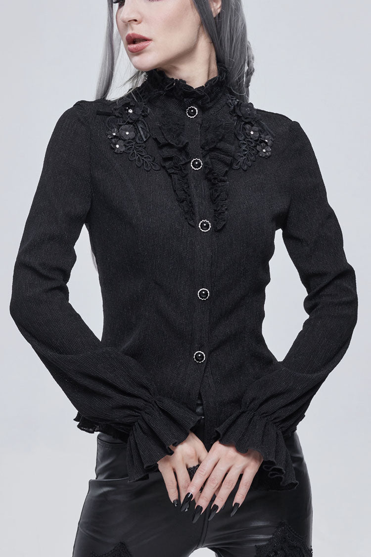 Black Lace High Neck Three Dimensional Embroidered Lantern Trumpet Sleeves Women's Gothic Shirt - Black - 1