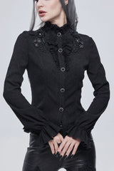 Black Lace High Neck Three Dimensional Embroidered Lantern Trumpet Sleeves Women's Gothic Shirt - Black - 1