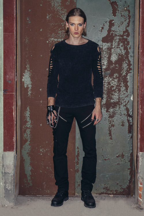 Black Punk Rock Broken Holes Long Sleeves Skull Nail Knitted Mens T-Shirt - Product - 6