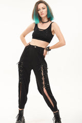 Black Punk Multi Pocket Skull Head Decoration Trouser Leg Opening Tie Women's Long Pants - Product - 6