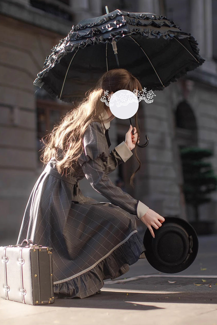 Grey Plaid Print Ruffle Bowknot Classic Vintage College Style Elegant Lolita Dress - Product - 7