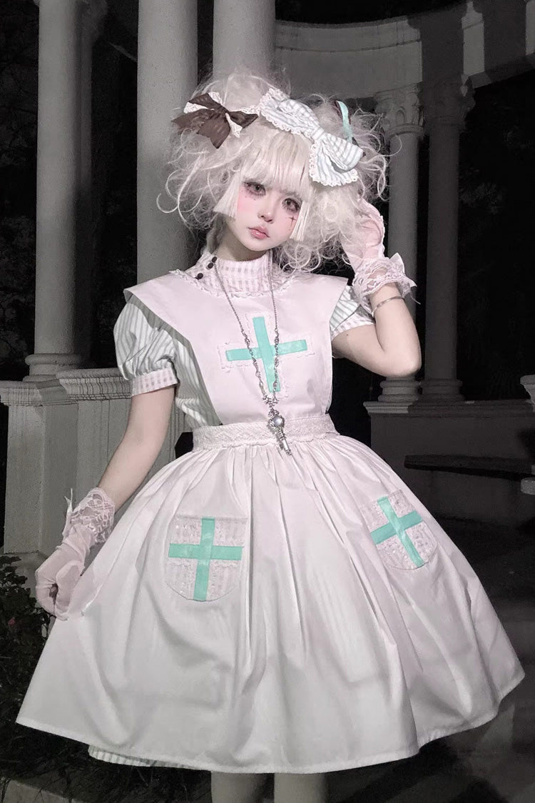 Light Green [Mint Prescription] Stand Collar Short Sleeves Vertical Stripe Printed Bow Sweet Lolita Nurse Dress - Product - 10