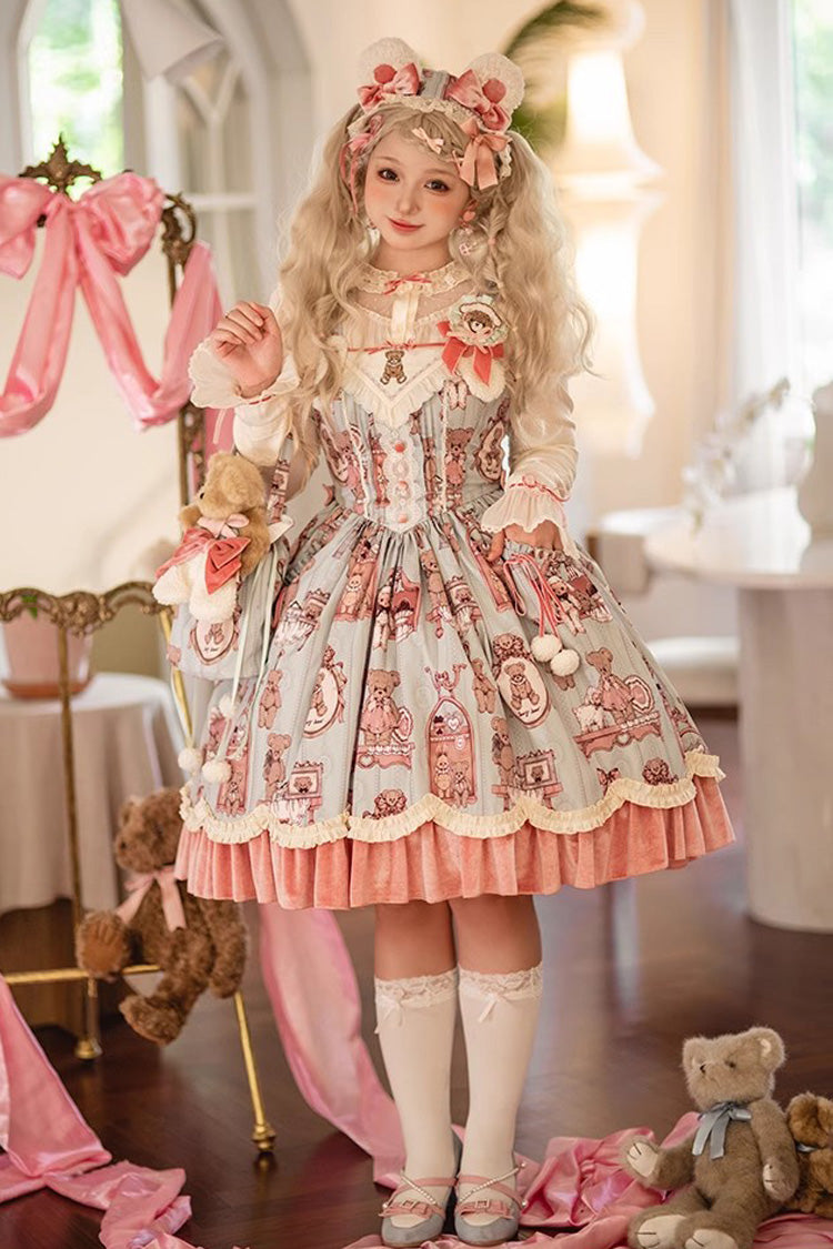 Pink/Green Bear Doll Wall Print Ruffle Embroidery Bowknot Sweet Lolita Jsk Dress - Product - 2