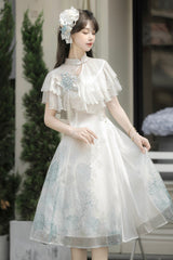 White [Hydrangea Message] Short Sleeves Print Ruffle Lace Sweet Chinese Style Elegant Lolita Short Dress - Product - 4