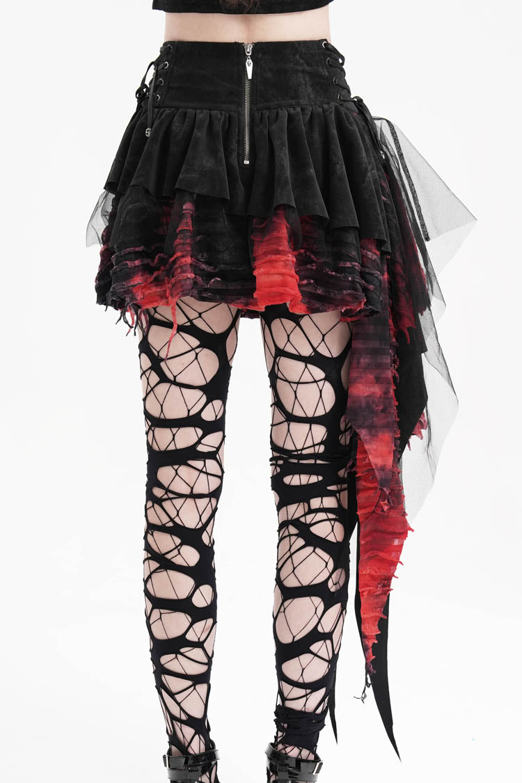 Black/Red Stitching Irregular Mesh Women's Gothic Skirt - Product - 4