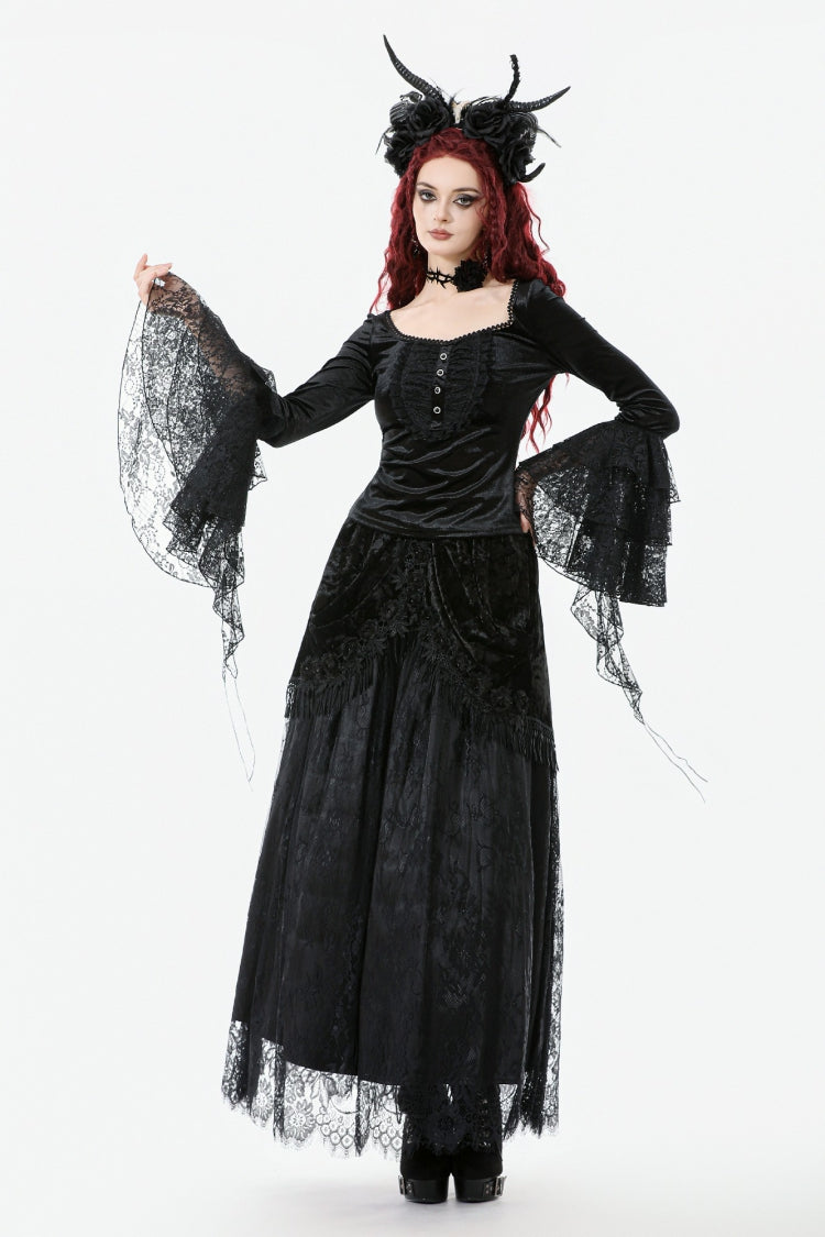 Black Square Collar Multi-Layered Lace Long Flared Sleeves Women's Gothic Palace Velvet Top - Product - 10
