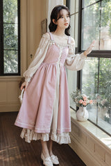 Pink/Apricot Square Collar Long Sleeves Ruffled Embroidered Lace-Up Sweet Lolita Two-Piece Dress Set - Product - 5