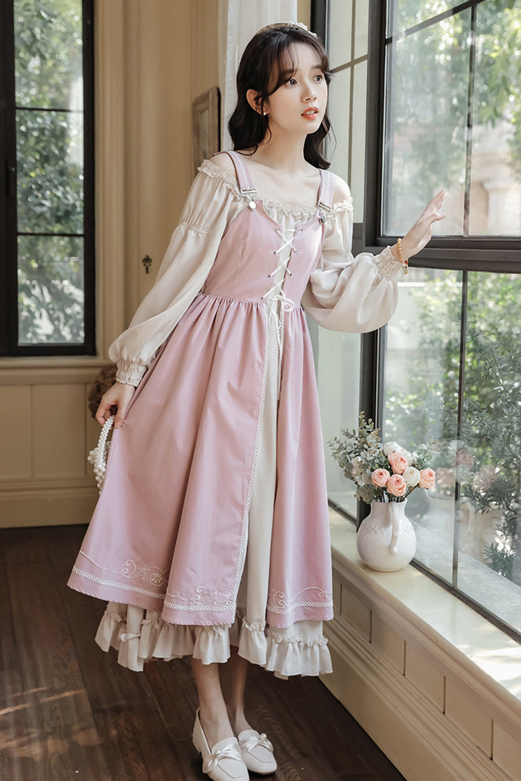 Pink/Apricot Square Collar Long Sleeves Ruffled Embroidered Lace-Up Sweet Lolita Two-Piece Dress Set - Product - 5