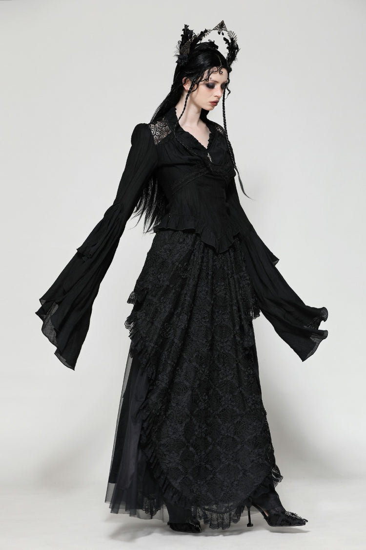 Black Ruffled V Collar Cross Ornament Long Trumpet Sleeves Pleated Women's Gothic Top - Product - 2