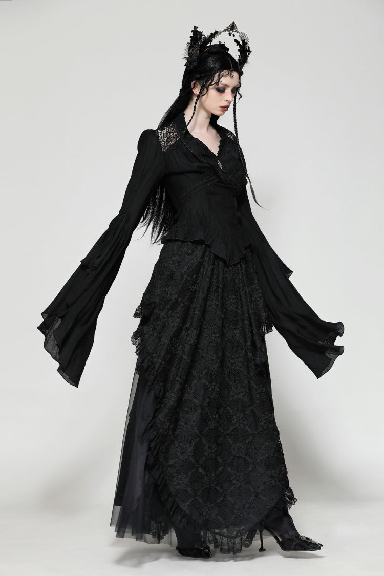 Black Ruffled V Collar Cross Ornament Long Trumpet Sleeves Pleated Women's Gothic Top - Product - 2