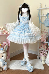 Blue [Love and Heart Flutter] Sleeveless Multi-Layered Ruffle Bowknot Lace Pearl Sweet Lolita Jsk Dress - Blue - 1