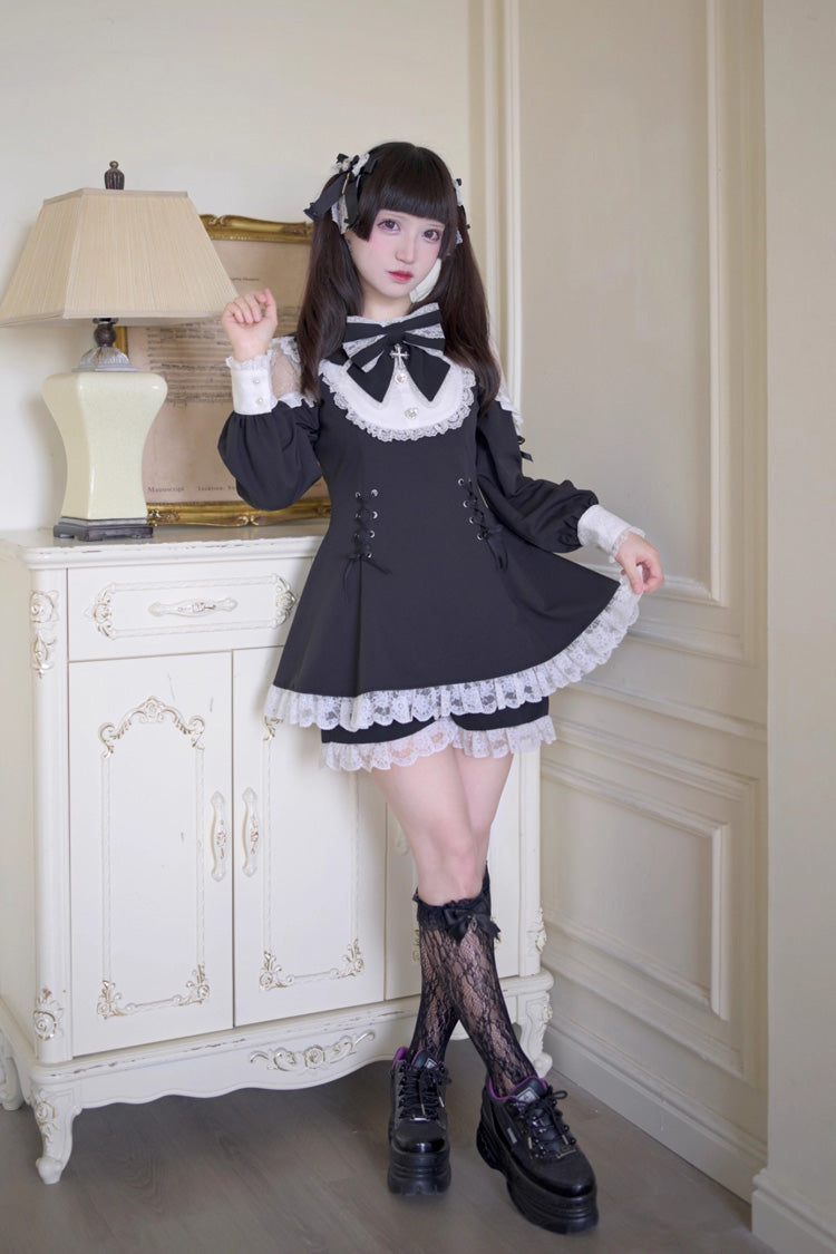 Black/White [Divine love] Long Sleeves Hollow Bowknot Lace Lace-Up Sweet Jirai Kei Dress Shorts Set - Product - 4