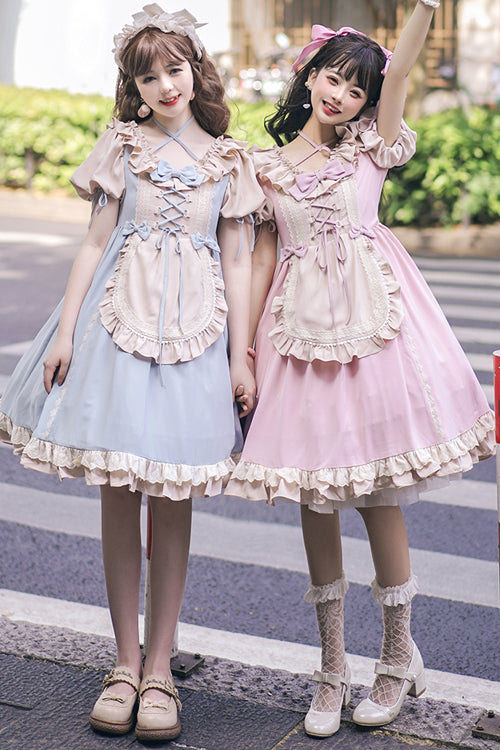 Round Collar Puff Doll Short Sleeves High Waist Bowknot Sweet Lolita Op Dress - Product - 2