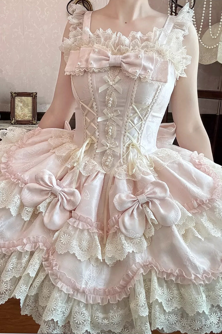 Pink [Realm of Sea Moon] Square Collar Sleeveless Multi-Layered Jacquard Ruffled Bow Lace Lace-Up Sweet Lolita Jsk Dress - Product - 7
