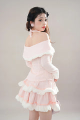 Pink Long Sleeves Ruffle Bowknot Lace Sweet Princess Lolita Tiered Top Skirt Set - Product - 2