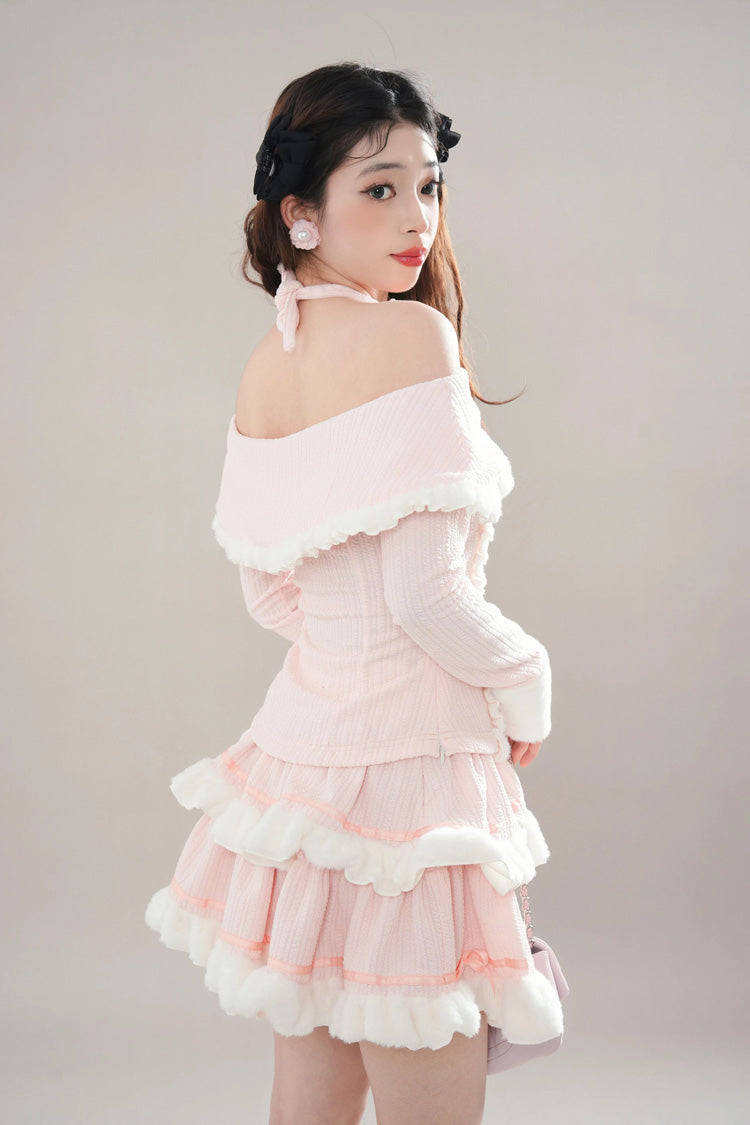 Pink Long Sleeves Ruffle Bowknot Lace Sweet Princess Lolita Tiered Top Skirt Set - Product - 2