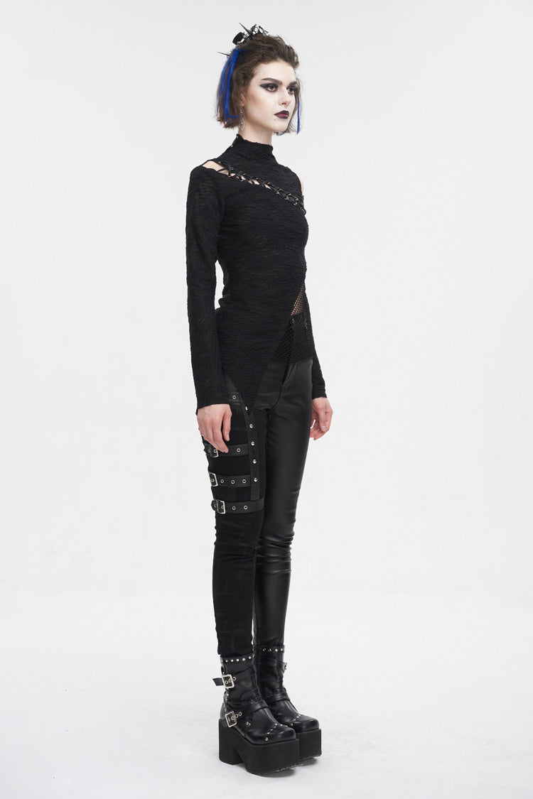 Black Strappy Cutout Mesh Splice Women's Gothic Shirt - Product - 3