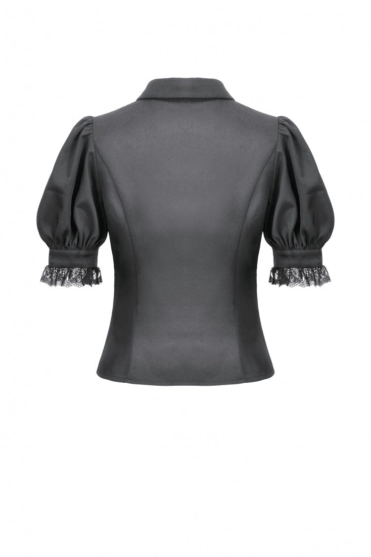 Black Point Lapel Collar Short Puff Sleeves Women's Gothic Blouse with Removable Rosette Cravat - Product - 18