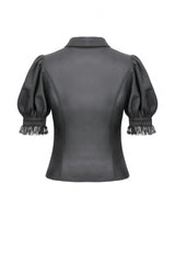 Black Point Lapel Collar Short Puff Sleeves Women's Gothic Blouse with Removable Rosette Cravat - Product - 18