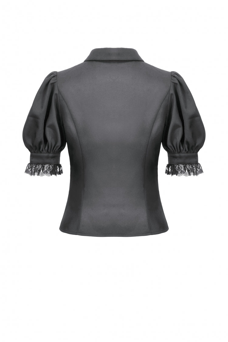 Black Point Lapel Collar Short Puff Sleeves Women's Gothic Blouse with Removable Rosette Cravat - Product - 18