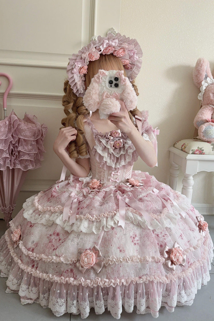 Pink [Rose Manor] Short Puff Sleeves Ruffle Bowknot Lace Sweet Japanese Princess Lolita Dress - Pink - 1