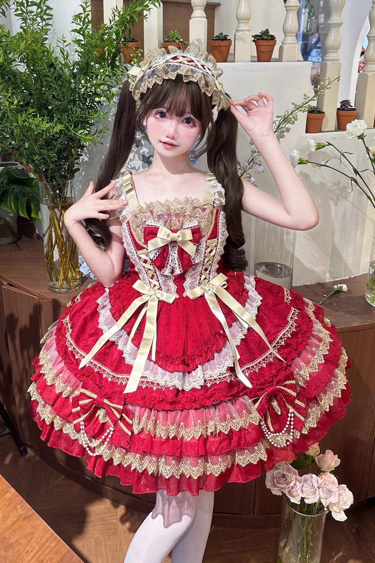 Red [Gilded Memories] Sleeveless Double-Layered Ruffle Hot Stamping Bowknot Lace Sweet Lolita Jsk Dress - Red - 1