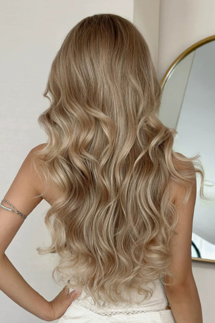 Stellar Glow Brown-Gold Balayage Lazy Vibe Long Big Wavy Wig with Blunt Bangs - Product - 3