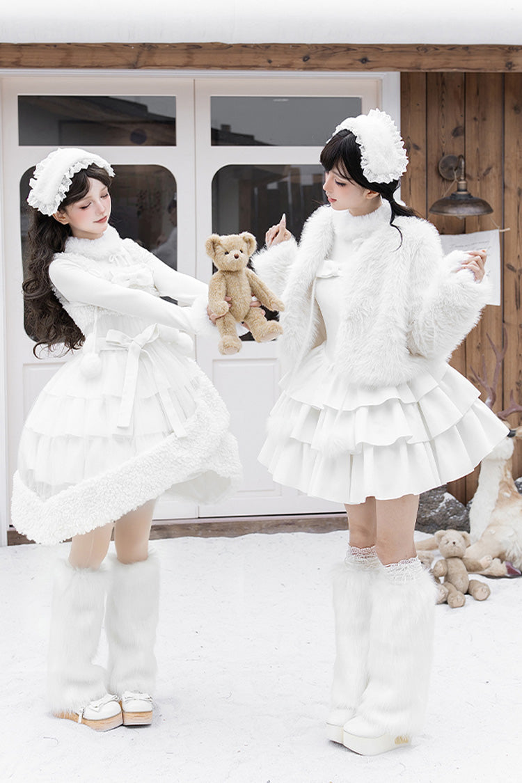 [White Chocolate] Triple-Layered Ruffle Bowknot Sweet Lolita Jsk Dress Set - Product - 12