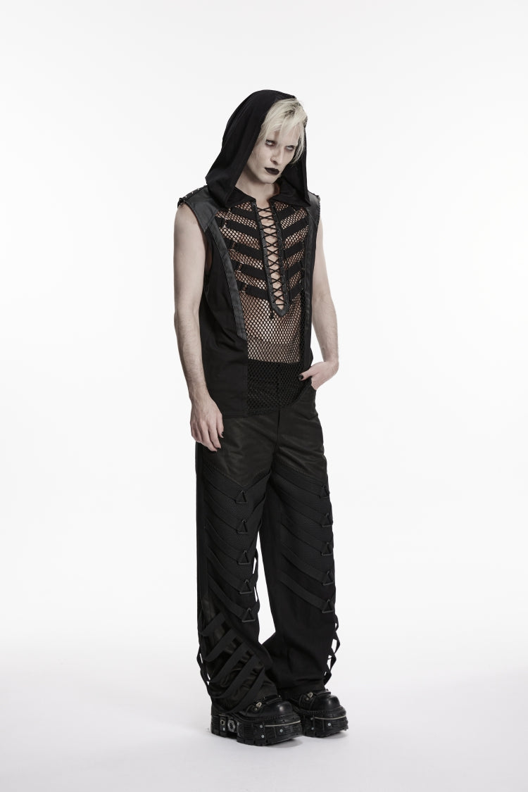 Black Multi-Layered Mesh Eyelet Men's Punk Cool Strappy Pants - Product - 5