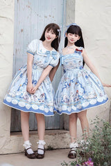 Blue [Penguin Navy] Short Sleeves Print Ruffle Bowknot Sweet Princess Lolita Dress - Blue - 1